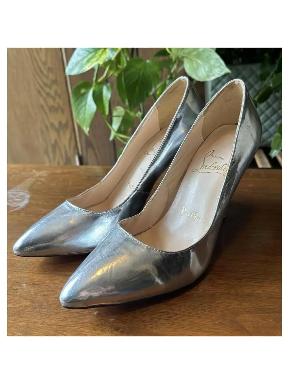 Christian Louboutin Silver Leather Pointed Toe Stiletto Pumps Slip-On US 8.5